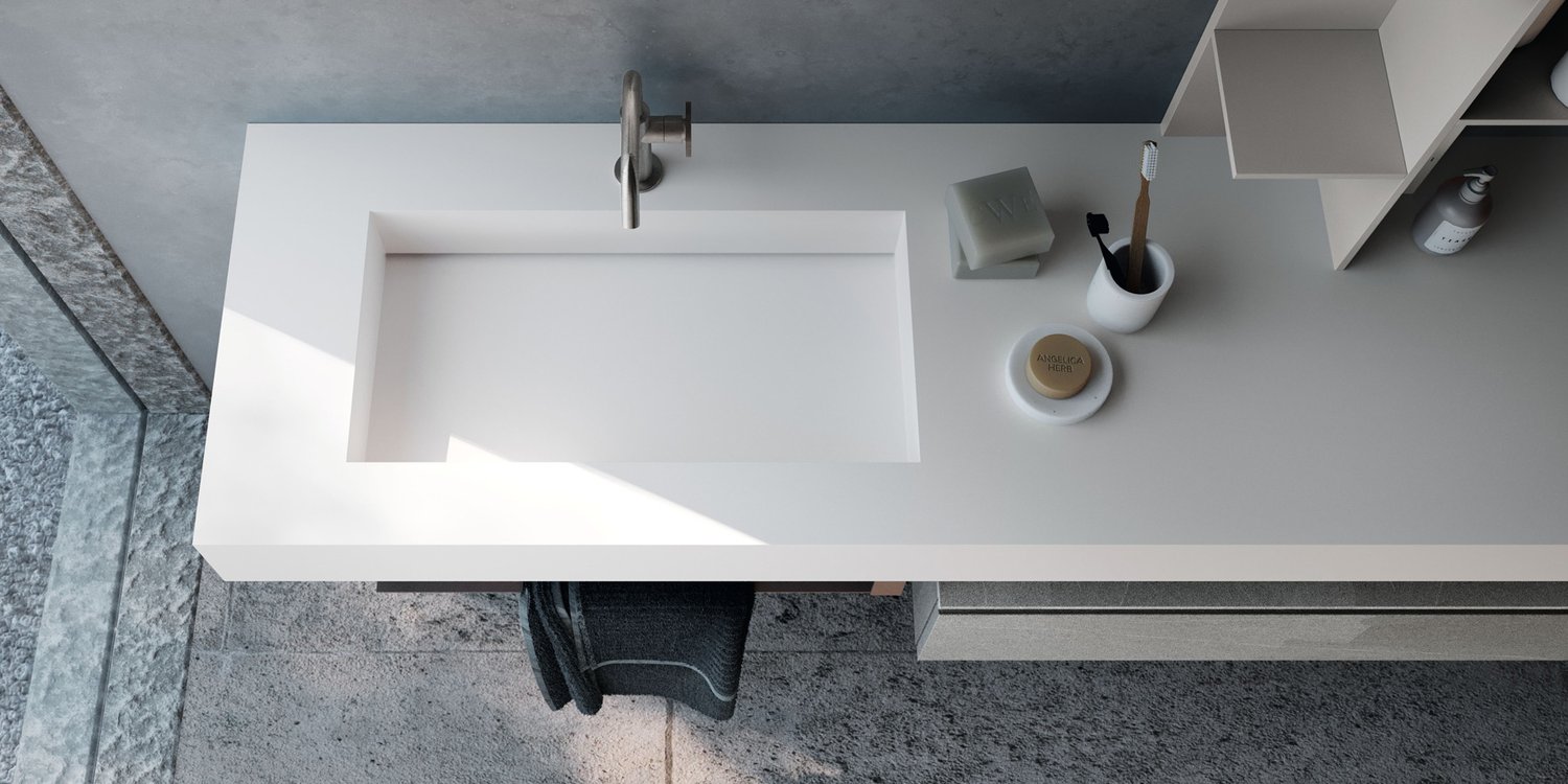 White solid surface vanity top from above