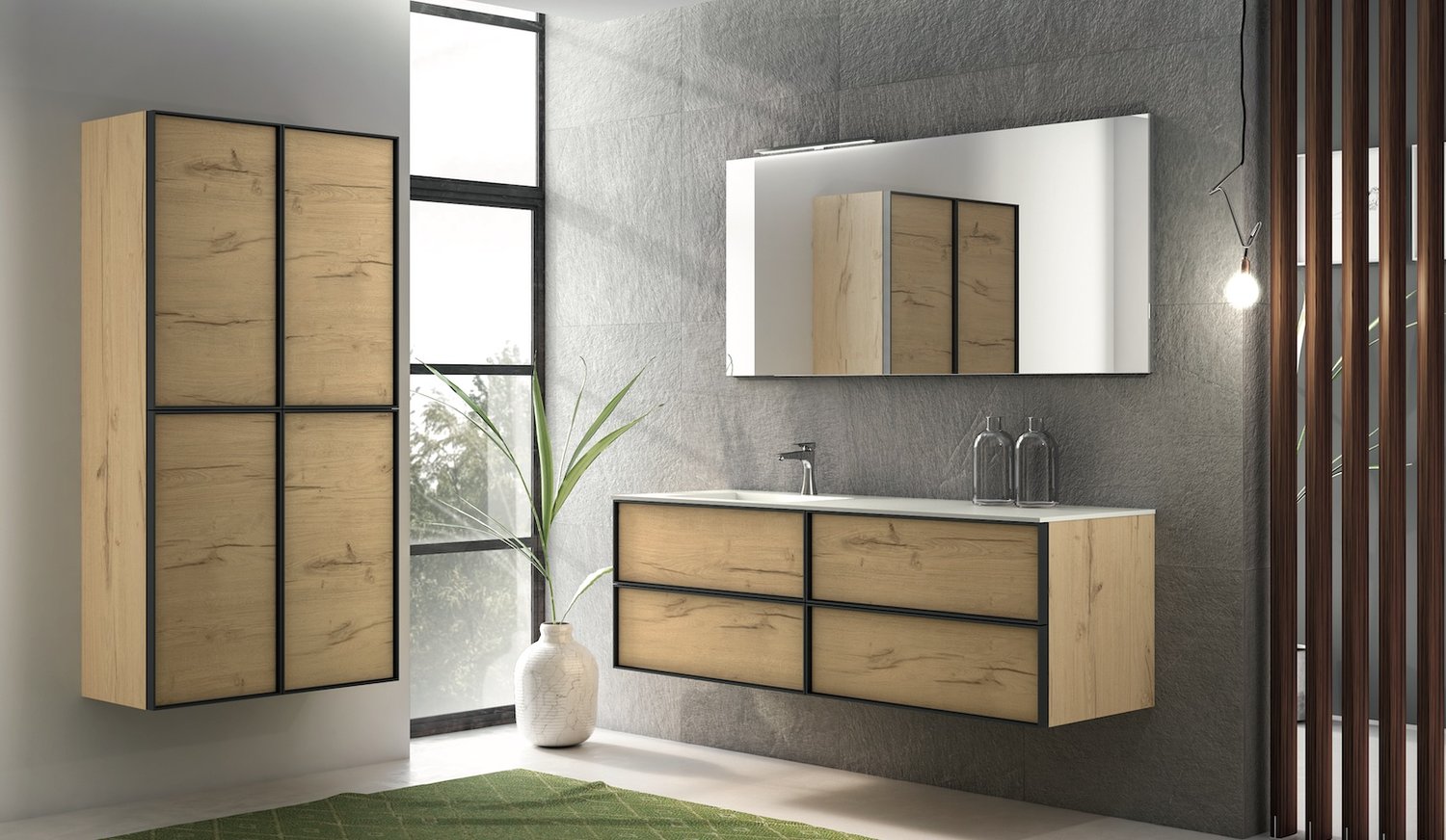 Coordinating wall-mount bathroom storage and vanity in light wood