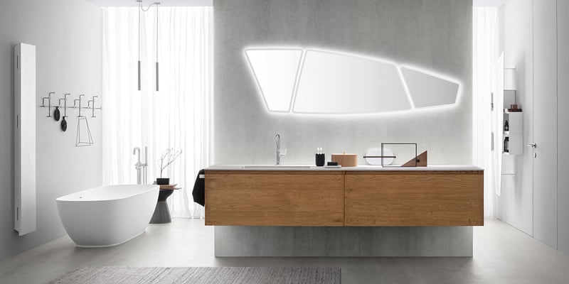 Luxurious white bathroom with wood vanity