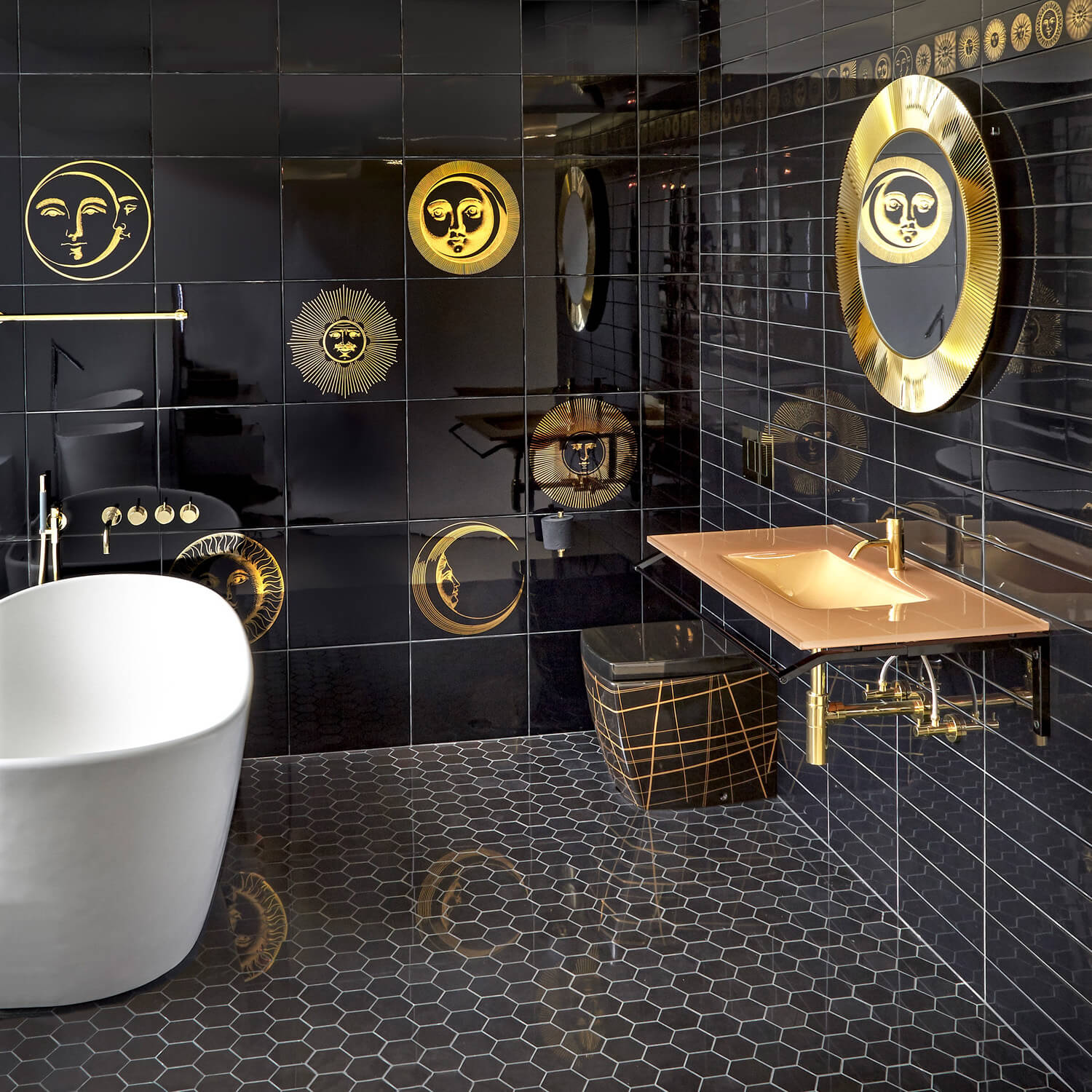 Gold glass countertop in luxury bathroom
