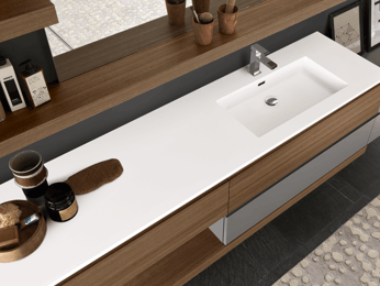 white bathroom countertop with staggering storage underneath