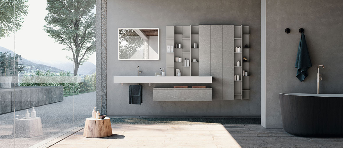 luxury bathroom with coordinating vanity and wall-storage