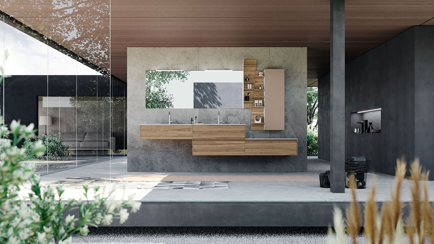 Urban Kros Storage paired with staggered bathroom vanity