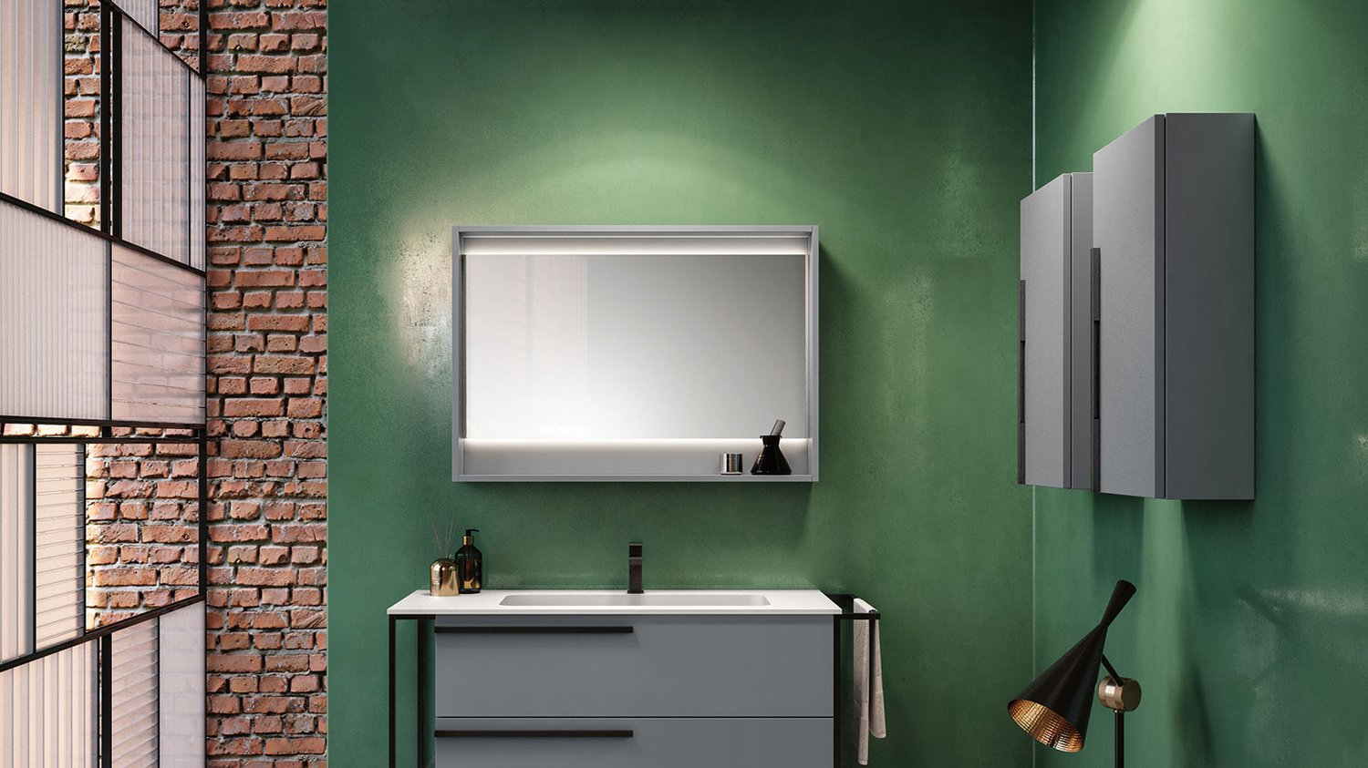 Gray blue cabinets in a green wall bathroom