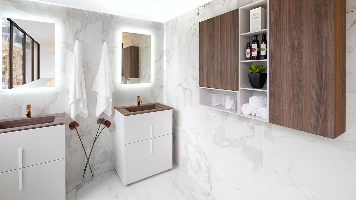 Wood cubes in white bathroom