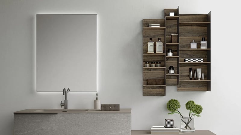 Wall mounted open shelf in wood texture