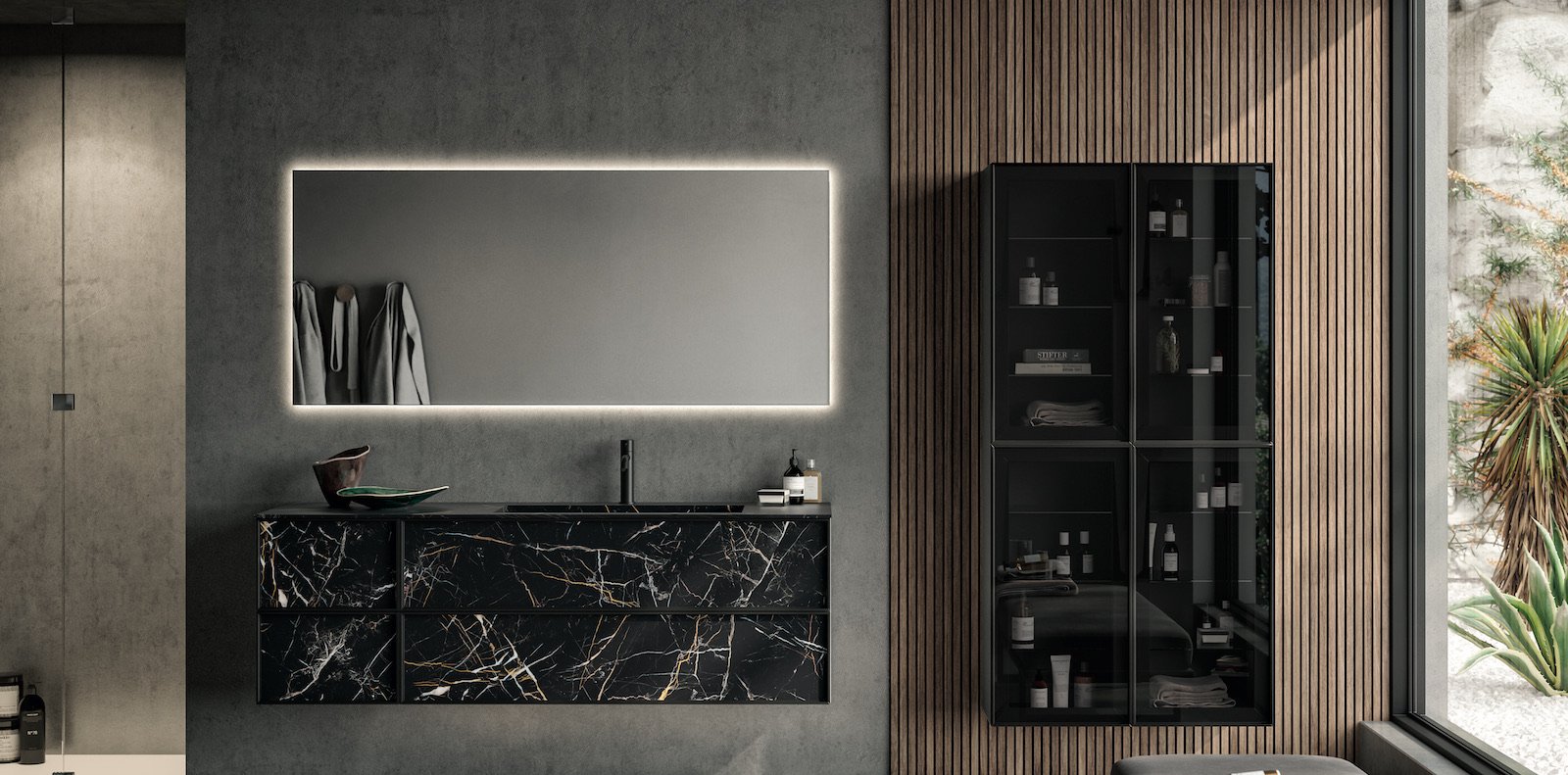 black marble-look Class vanity and storage cabinet