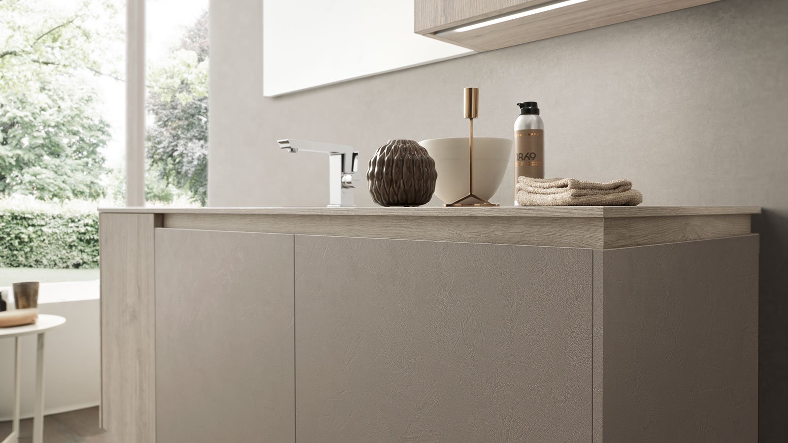luxury bathroom vanity with textured cabinet fronts