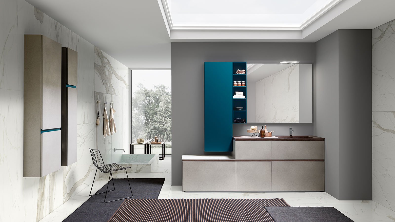 luxury bathroom with modern vanity and shelves
