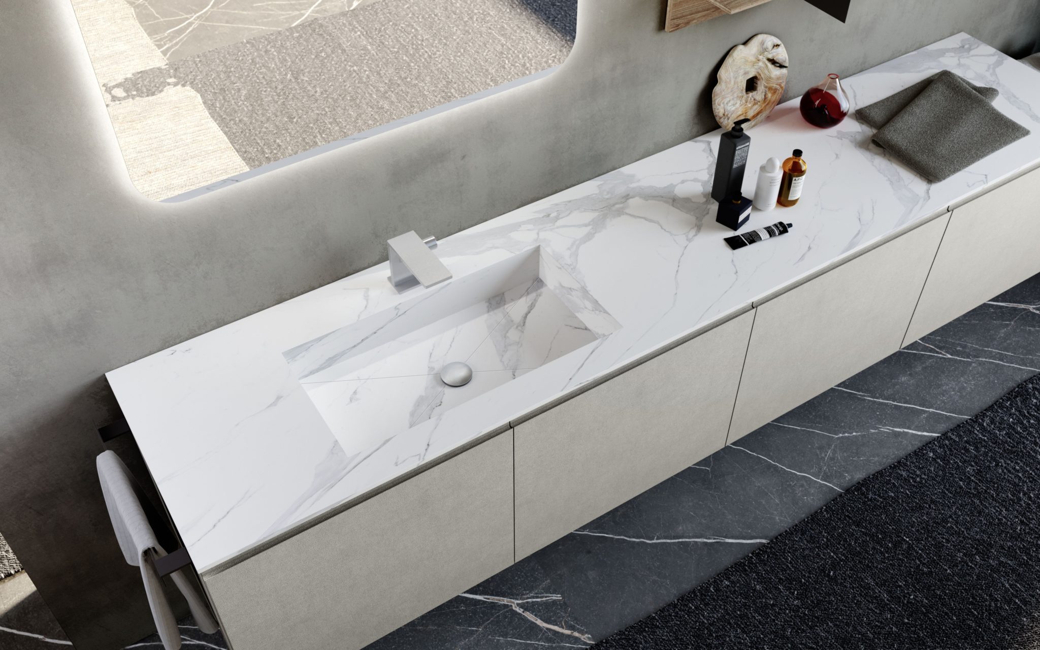 Luxury white bathroom vanity with marble-look countertop