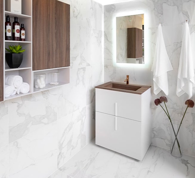 White bathroom vanity with wood countertop