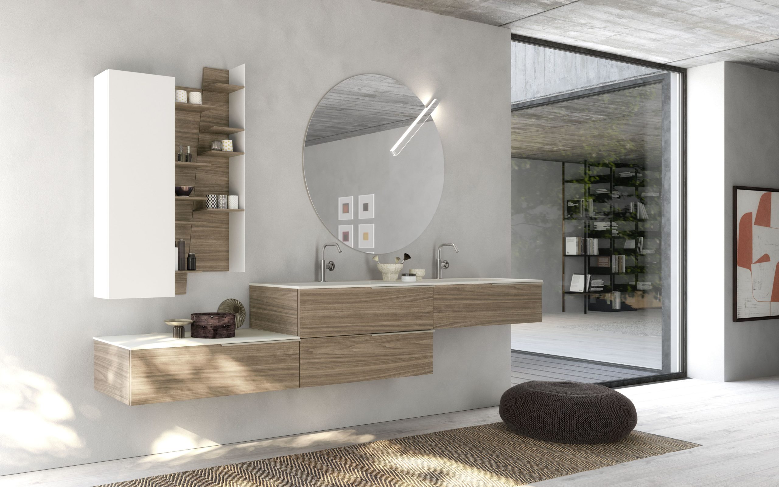 Luxury bathroom with wood offset vanity and wall storage