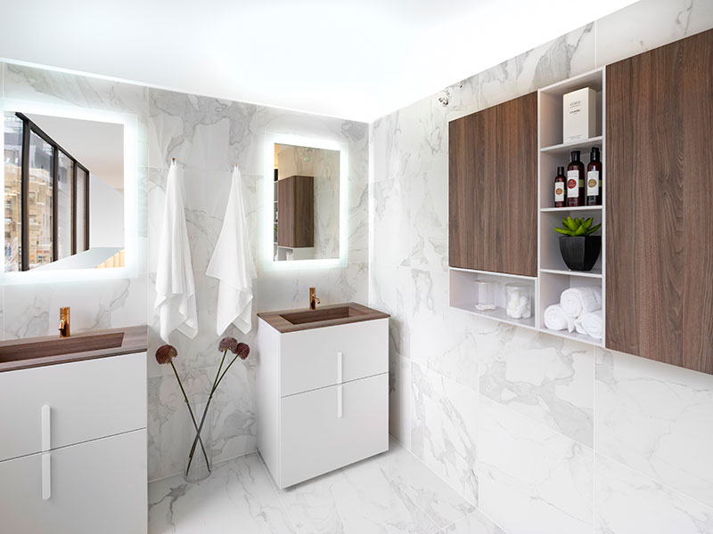 white bathroom vanity with wood top
